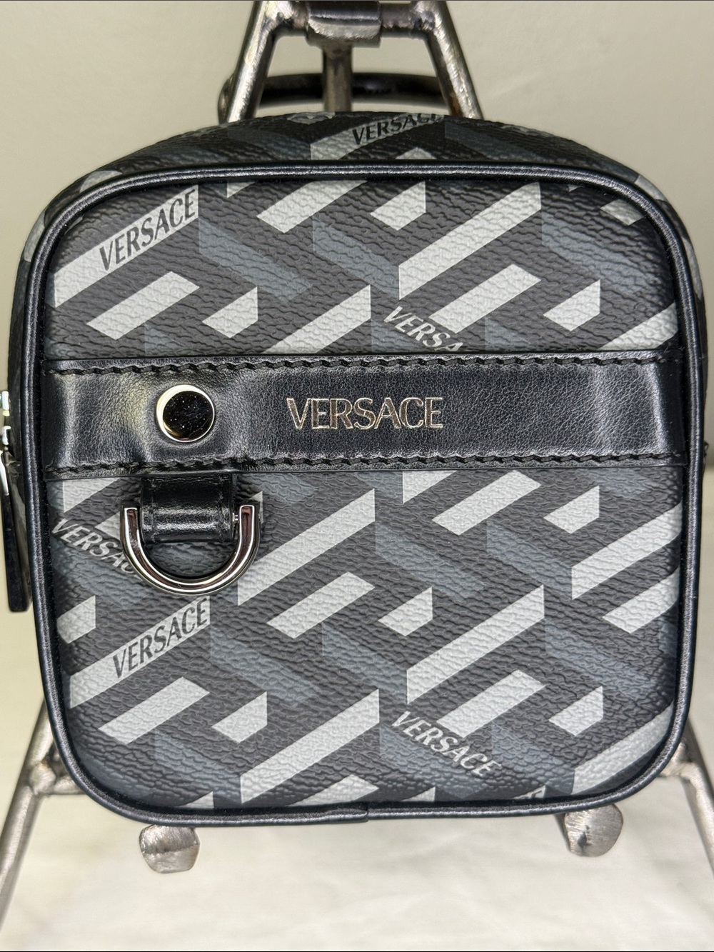 Versace La Greca Monogram Belt Pouch Black Grey Coated Canvas Made in Italy
